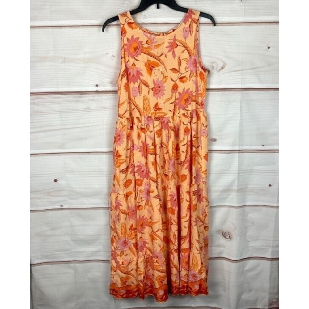 Jaase Dress Womens XS Floral Sleeveless Midi Tea Orange Scoop Neck Tie Back